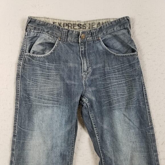 Express Kingston Jeans Mens 34x32 Blue Bootcut Classic Fit Whiskered Lion Denim - Picture 2 of 15